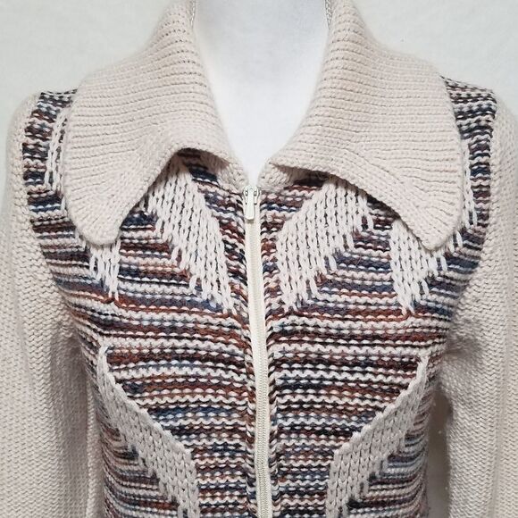 VINTAGE 70s Wool Blend Zip-Up Striped Cardigan S - Picture 4 of 8